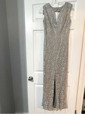 Metallic Lace Silver V-Neck Floor Length Dress Front Back Slot Open Back